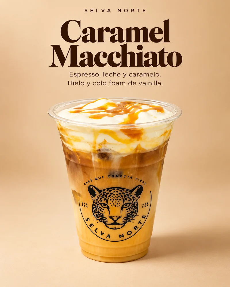 Caramel Macchiato: espresso, leche y caramelo con hielo y cold foam de vainilla